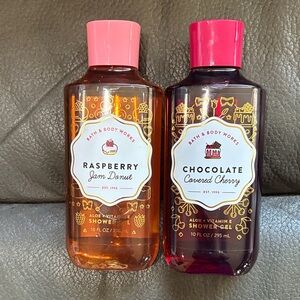 Bath and body shower gel set in raspberry jam donut and chocolate covered cherry